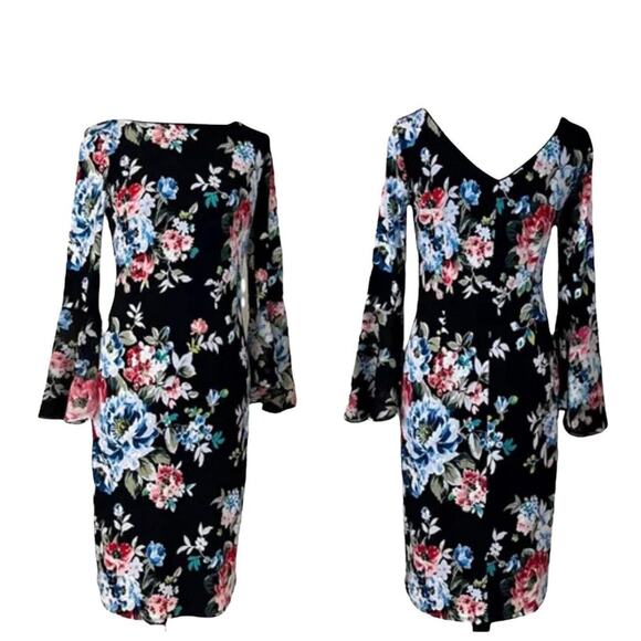 White House Black Market Dress Floral Bell Sleeve Sheath - Picture 3 of 12